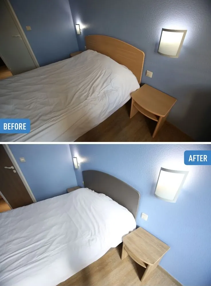 Tête de lit et chevet de chambre d'hôtel recouverts d'un film décoratif, avant et après