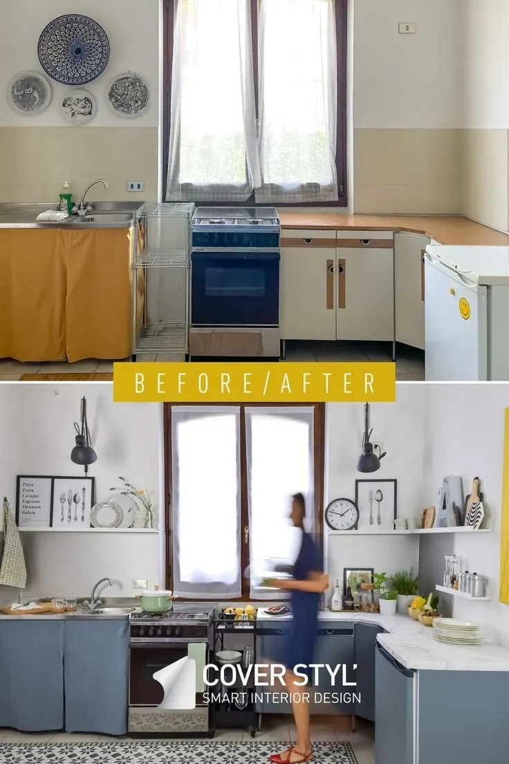 Cuisine ancienne aux meubles jaunes et crème, puis rajeunie avec des façades gris-bleu
