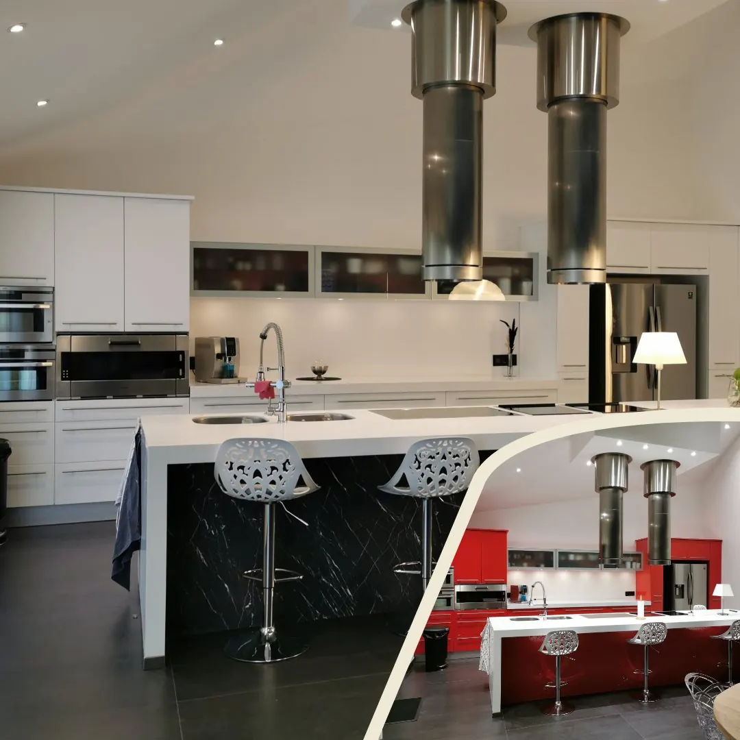 Cuisine laquée rouge transformée en blanc mat avec un îlot effet marbre noir, avant et après
